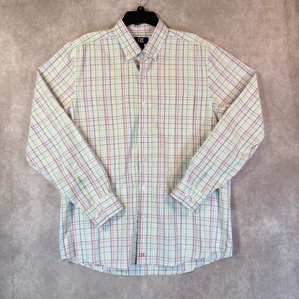 Cutter Buck Shirt Men Large Multicolor Plaid Easy Care Stretch Button Preppy